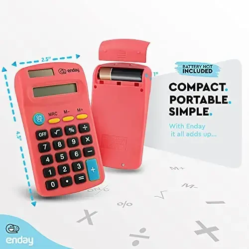Calculator Red, Basic Small Solar and Battery Operated, Large Display Four Function, Auto Powered Handheld Calculator School and Kids Available in Green, Blue, Purple, Grey, Pink, 1 PK – by Enday - 4