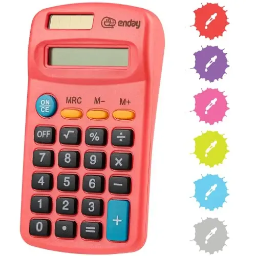Calculator Red, Basic Small Solar and Battery Operated, Large Display Four Function, Auto Powered Handheld Calculator School and Kids Available in Green, Blue, Purple, Grey, Pink, 1 PK – by Enday - 1