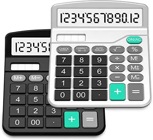 Calculator, Splaks 2 Pack Standard Functional Desktop Calculators Solar and AA Battery Dual Power Electronic Office Calculators with 12-Digit Large Display (1 Basic Black&1 Updated Silver) - 1