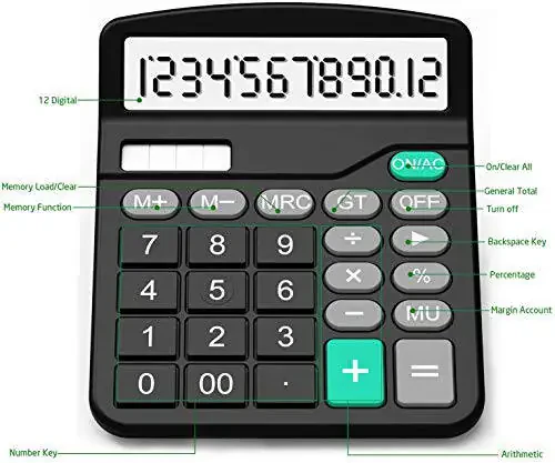 Calculator, Splaks 2 Pack Standard Functional Desktop Calculators Solar and AA Battery Dual Power Electronic Office Calculators with 12-Digit Large Display (1 Basic Black&1 Updated Silver) - 3