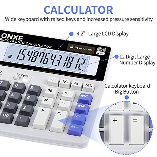 Calculator,12 Digit Extra Large LCD Display Office Desk Calculators, Two Way Power Battery and Solar,Big Button Standard Basic 4 Function Desktop Calculators for Office Financial Accounting Business - 4