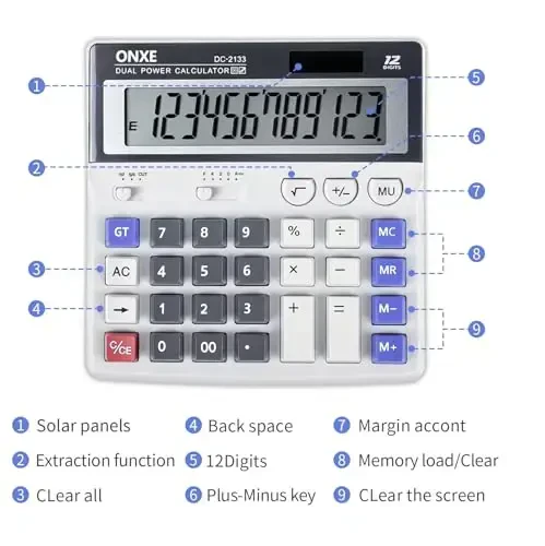 Calculator,12 Digit Extra Large LCD Display Office Desk Calculators, Two Way Power Battery and Solar,Big Button Standard Basic 4 Function Desktop Calculators for Office Financial Accounting Business - 3