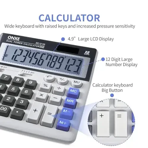 Calculator,12 Digit Extra Large LCD Display Office Desk Calculators, Two Way Power Battery and Solar,Big Button Standard Basic 4 Function Desktop Calculators for Office Financial Accounting Business - 4