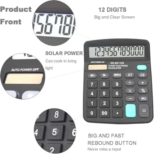 Calculators, BESTWYA 12-Digit Dual Power Handheld Desktop Calculator with Large LCD Display Big Sensitive Button (Black, Pack of 5) - BESTWYA