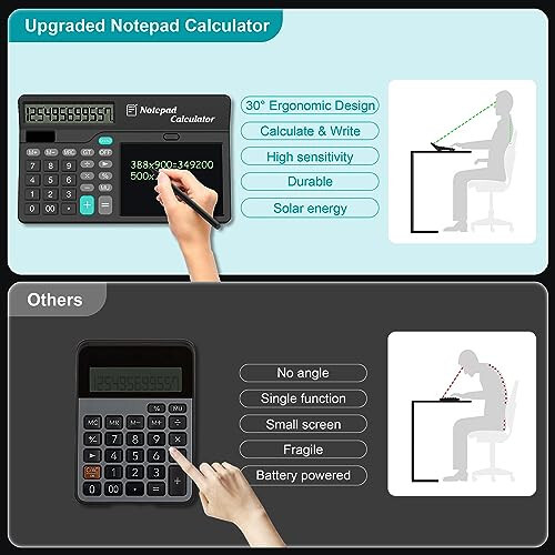 Calculators Desktop with Notepad Writing Tablet 6 Inch, 12 Digit Large Button Office Calculator with Magnetic Stylus, Support Solar & Battery, Desk Calculator for Office, School & Home - 3