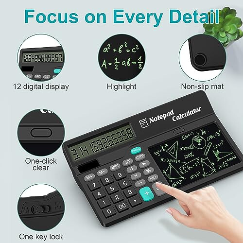 Calculators Desktop with Notepad Writing Tablet 6 Inch, 12 Digit Large Button Office Calculator with Magnetic Stylus, Support Solar & Battery, Desk Calculator for Office, School & Home - 5