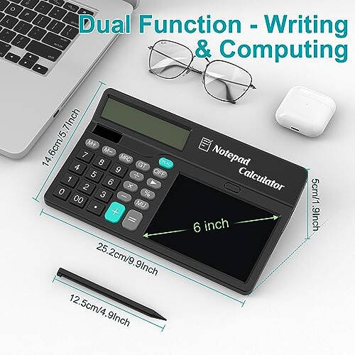 Calculators Desktop with Notepad Writing Tablet 6 Inch, 12 Digit Large Button Office Calculator with Magnetic Stylus, Support Solar & Battery, Desk Calculator for Office, School & Home - 6