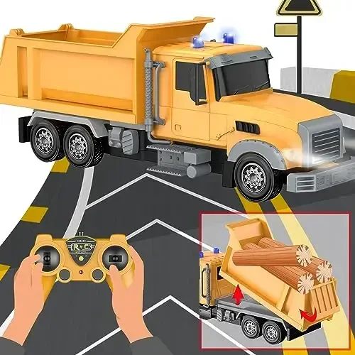 CALEST Masofadan boshqariladigan qurilish samosvali o'yinchoq RC transport vositasi, 6 kanalli yuk mashinalari o'yinchoqlari 2 ta qayta zaryadlanuvchi batareya bilan, 1/24 shkalali samosvallar, 3-8 yoshdagi o'g'il bolalar uchun tug'ilgan kun sovg'alari - 3