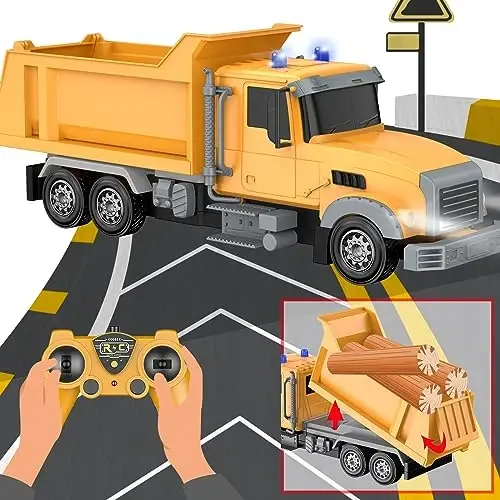 CALEST Masofadan boshqariladigan qurilish samosvali o'yinchoq RC transport vositasi, 6 kanalli yuk mashinalari o'yinchoqlari 2 ta qayta zaryadlanuvchi batareya bilan, 1/24 shkalali samosvallar, 3-8 yoshdagi o'g'il bolalar uchun tug'ilgan kun sovg'alari - 3