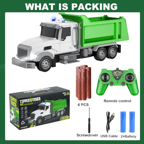 CALEST Remote Control Construction Dump Truck Toy RC Vehicle, 6 Channel Truck Toys with 6 pcs Wood, 2 Rechargeable Batteries, 1/24 Scale Dump Truck，Birthday Gifts Ideas for Boys Age 3-8 Year Old - 6