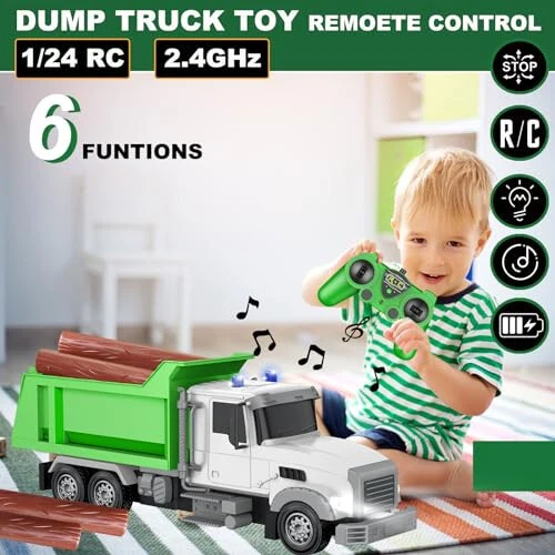 CALEST Remote Control Construction Dump Truck Toy RC Vehicle, 6 Channel Truck Toys with 6 pcs Wood, 2 Rechargeable Batteries, 1/24 Scale Dump Truck，Birthday Gifts Ideas for Boys Age 3-8 Year Old - MODAZONE (1)