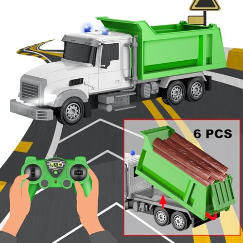 CALEST Remote Control Construction Dump Truck Toy RC Vehicle,6 Channel Truck Toys with 6 pcs Wood,2 Rechargeable Batteries,1/24 Scale Dump Trucks，Birthday Gifts Ideas for Boys Age 3-8 Year Old - 3