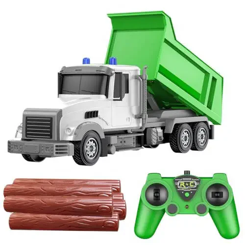 CALEST Remote Control Construction Dump Truck Toy RC Vehicle,6 Channel Truck Toys with 6 pcs Wood,2 Rechargeable Batteries,1/24 Scale Dump Trucks，Birthday Gifts Ideas for Boys Age 3-8 Year Old - 1