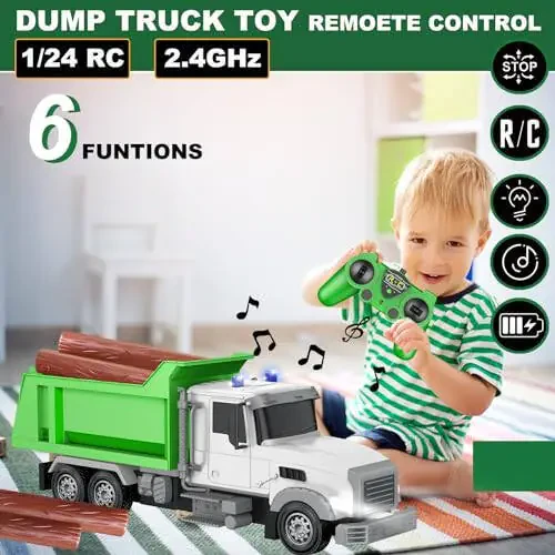CALEST Remote Control Construction Dump Truck Toy RC Vehicle,6 Channel Truck Toys with 6 pcs Wood,2 Rechargeable Batteries,1/24 Scale Dump Trucks，Birthday Gifts Ideas for Boys Age 3-8 Year Old - 2