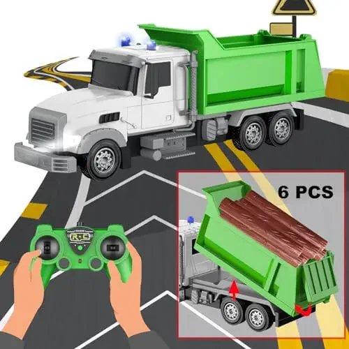 CALEST Remote Control Construction Dump Truck Toy RC Vehicle,6 Channel Truck Toys with 6 pcs Wood,2 Rechargeable Batteries,1/24 Scale Dump Trucks，Birthday Gifts Ideas for Boys Age 3-8 Year Old - 3