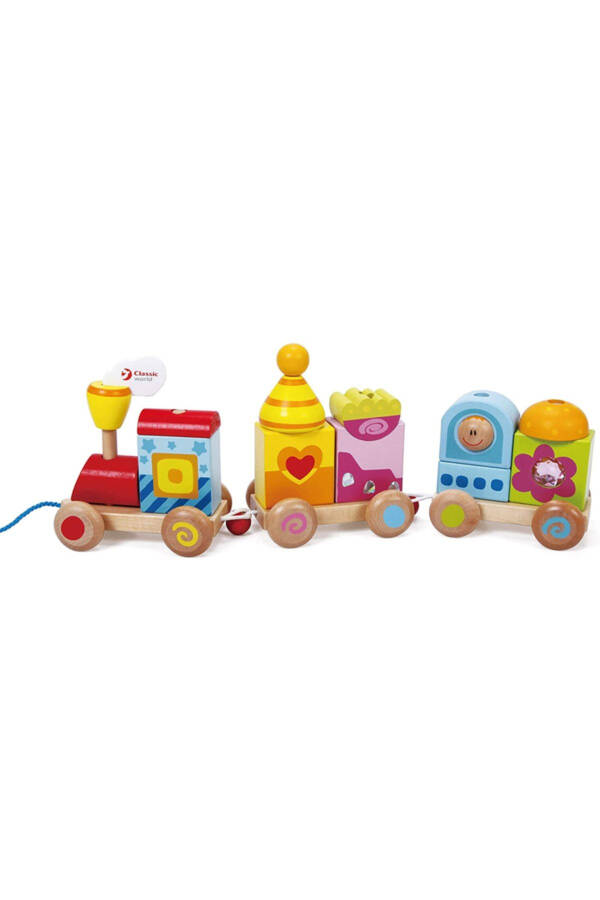 Calimeratoys Wooden Pull Along Train Colorful Blocks - 13