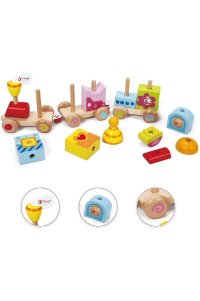 Calimeratoys Wooden Pull Along Train Colorful Blocks - 14