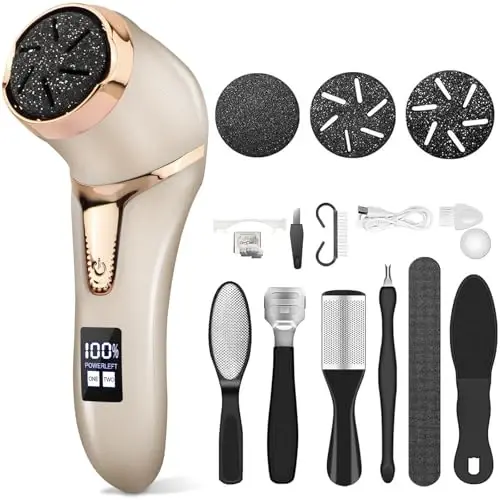 Callus Remover for Feet (with Dander Vacuum), Portable Pedicure Kit Foot File Callus Remover, Rechargeable Waterproof Foot File for Foot Care Deadskin Remover with 3Head&LCD Display, Gold - 1