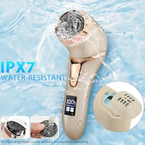 Callus Remover for Feet (with Dander Vacuum), Portable Pedicure Kit Foot File Callus Remover, Rechargeable Waterproof Foot File for Foot Care Deadskin Remover with 3Head&LCD Display, Gold - 6