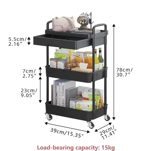 Calmootey 3-Tier Rolling Utility Cart with Drawer, Multifunctional Storage Organizer with Plastic Shelf & Metal Wheels, Storage Cart for Kitchen, Bathroom, Living Room, Office, Black - 5