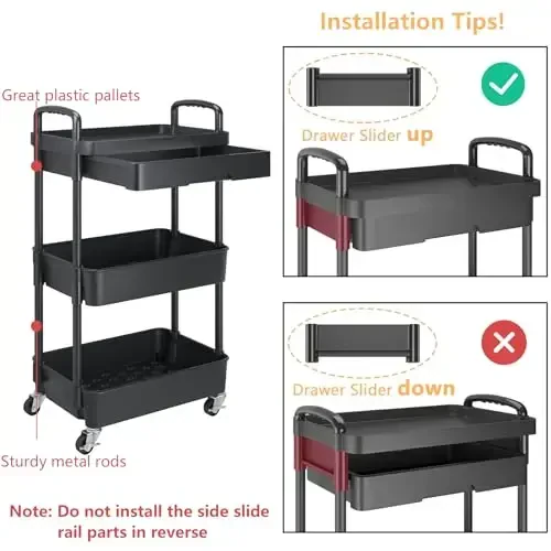 Calmootey 3-Tier Rolling Utility Cart with Drawer, Multifunctional Storage Organizer with Plastic Shelf & Metal Wheels, Storage Cart for Kitchen, Bathroom, Living Room, Office, Black - 6
