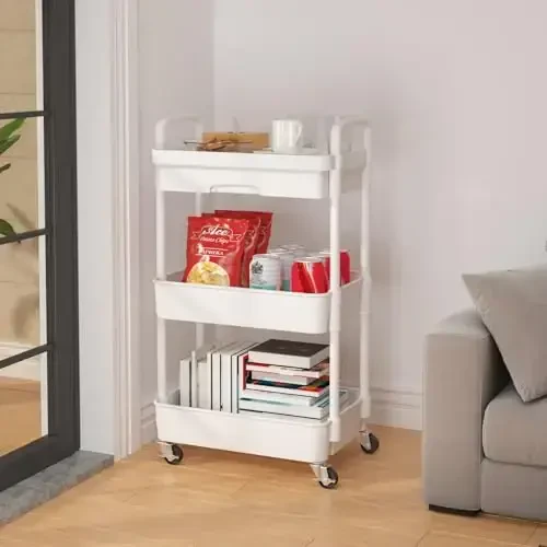 Calmootey 3-Tier Rolling Utility Cart with Drawer,Multifunctional Storage Organizer with Plastic Shelf & Metal Wheels,Storage Cart for Kitchen,Bathroom,Living Room,Office,White - 4