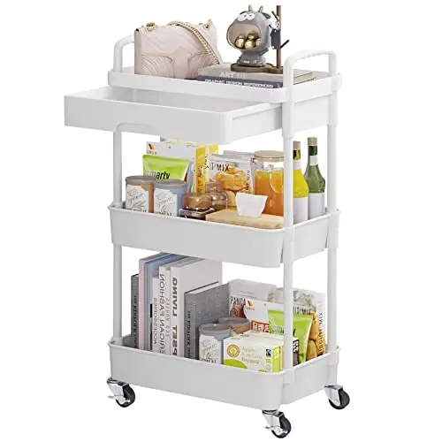 Calmootey 3-Tier Rolling Utility Cart with Drawer,Multifunctional Storage Organizer with Plastic Shelf & Metal Wheels,Storage Cart for Kitchen,Bathroom,Living Room,Office,White 