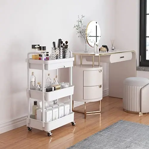 Calmootey 3-Tier Rolling Utility Cart with Drawer,Multifunctional Storage Organizer with Plastic Shelf & Metal Wheels,Storage Cart for Kitchen,Bathroom,Living Room,Office,White (Pack of 2) - Calmootey (1)