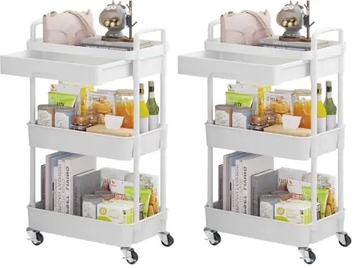 Calmootey 3-Tier Rolling Utility Cart with Drawer,Multifunctional Storage Organizer with Plastic Shelf & Metal Wheels,Storage Cart for Kitchen,Bathroom,Living Room,Office,White (Pack of 2) - 1