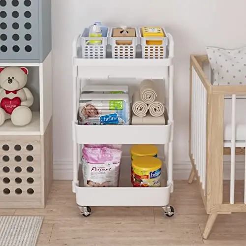 Calmootey 3-Tier Rolling Utility Cart with Drawer,Multifunctional Storage Organizer with Plastic Shelf & Metal Wheels,Storage Cart for Kitchen,Bathroom,Living Room,Office,White (Pack of 2) - 3