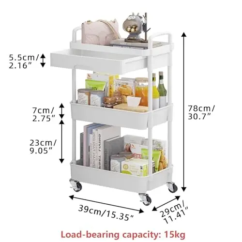 Calmootey 3-Tier Rolling Utility Cart with Drawer,Multifunctional Storage Organizer with Plastic Shelf & Metal Wheels,Storage Cart for Kitchen,Bathroom,Living Room,Office,White (Pack of 2) - 5