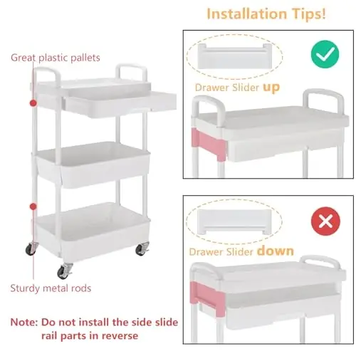 Calmootey 3-Tier Rolling Utility Cart with Drawer,Multifunctional Storage Organizer with Plastic Shelf & Metal Wheels,Storage Cart for Kitchen,Bathroom,Living Room,Office,White (Pack of 2) - 6