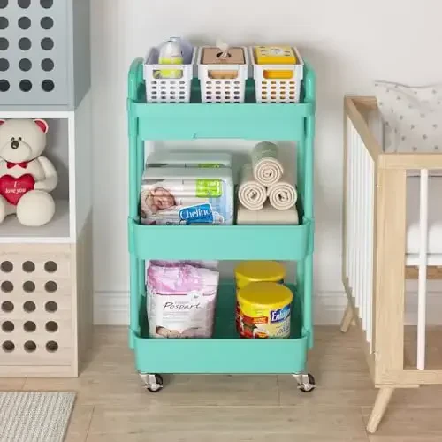 Calmootey 3-Tier Rolling Utility Cart with Drawer,Multifunctional Storage Organizer with Plastic Shelf & Metal Wheel,Storage Cart for Kitchen,Bathroom,Living Room,Office,Green - 3