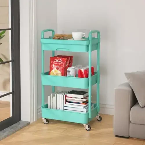 Calmootey 3-Tier Rolling Utility Cart with Drawer,Multifunctional Storage Organizer with Plastic Shelf & Metal Wheel,Storage Cart for Kitchen,Bathroom,Living Room,Office,Green - 4