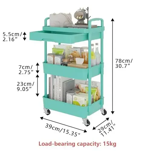Calmootey 3-Tier Rolling Utility Cart with Drawer,Multifunctional Storage Organizer with Plastic Shelf & Metal Wheel,Storage Cart for Kitchen,Bathroom,Living Room,Office,Green - 5
