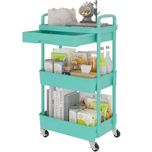Calmootey 3-Tier Rolling Utility Cart with Drawer,Multifunctional Storage Organizer with Plastic Shelf & Metal Wheel,Storage Cart for Kitchen,Bathroom,Living Room,Office,Green - 1