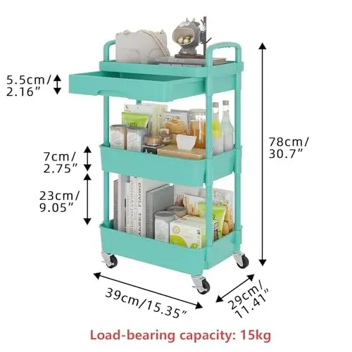 Calmootey 3-Tier Rolling Utility Cart with Drawer,Multifunctional Storage Organizer with Plastic Shelf & Metal Wheel,Storage Cart for Kitchen,Bathroom,Living Room,Office,Green - 5