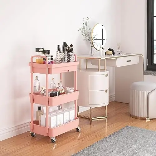 Calmootey 3-Tier Rolling Utility Cart with Drawer,Multifunctional Storage Organizer with Plastic Shelf & Metal Wheel,Storage Cart for Kitchen,Bathroom,Living Room,Office,Pink - CALMOOTEY (1)