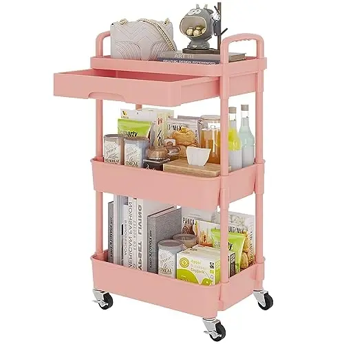 Calmootey 3-Tier Rolling Utility Cart with Drawer,Multifunctional Storage Organizer with Plastic Shelf & Metal Wheel,Storage Cart for Kitchen,Bathroom,Living Room,Office,Pink 