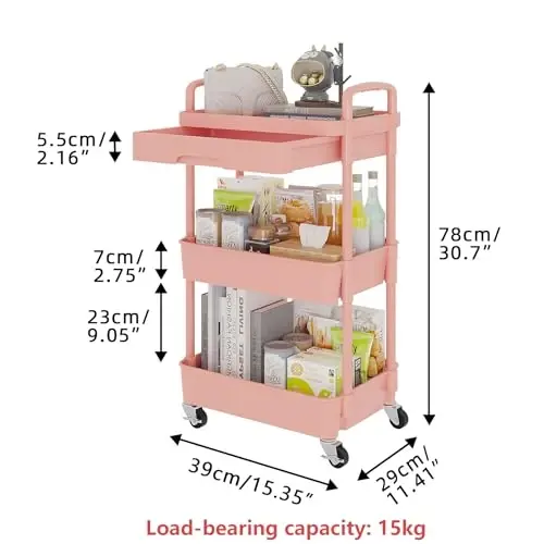 Calmootey 3-Tier Rolling Utility Cart with Drawer,Multifunctional Storage Organizer with Plastic Shelf & Metal Wheel,Storage Cart for Kitchen,Bathroom,Living Room,Office,Pink - 5