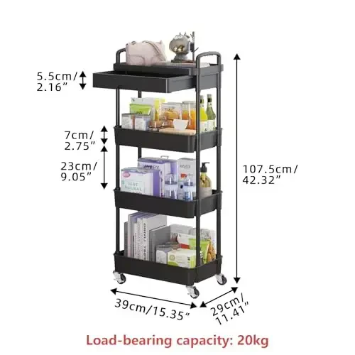 Calmootey 4-Tier Rolling Utility Cart with Drawer,Multifunctional Storage Organizer with Plastic Shelf & Metal Wheel,Storage Cart for Kitchen,Bathroom,Living Room,Office,Black - 5