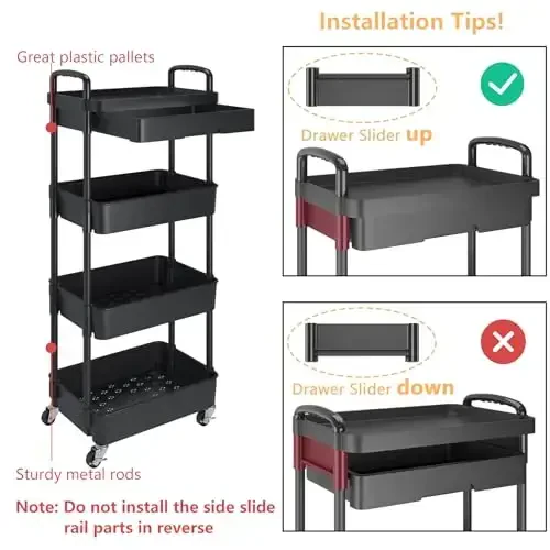 Calmootey 4-Tier Rolling Utility Cart with Drawer,Multifunctional Storage Organizer with Plastic Shelf & Metal Wheel,Storage Cart for Kitchen,Bathroom,Living Room,Office,Black - 6