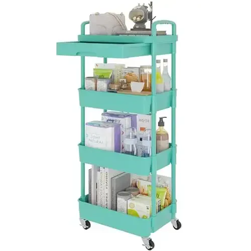 Calmootey 4-Tier Rolling Utility Cart with Drawer,Multifunctional Storage Organizer with Plastic Shelf & Metal Wheel,Storage Cart for Kitchen,Bathroom,Living Room,Office,Green - CALMOOTEY