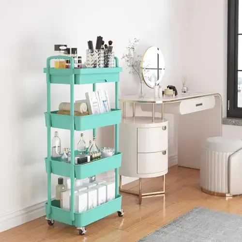 Calmootey 4-Tier Rolling Utility Cart with Drawer,Multifunctional Storage Organizer with Plastic Shelf & Metal Wheel,Storage Cart for Kitchen,Bathroom,Living Room,Office,Green - CALMOOTEY (1)