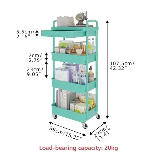 Calmootey 4-Tier Rolling Utility Cart with Drawer,Multifunctional Storage Organizer with Plastic Shelf & Metal Wheel,Storage Cart for Kitchen,Bathroom,Living Room,Office,Green - 5