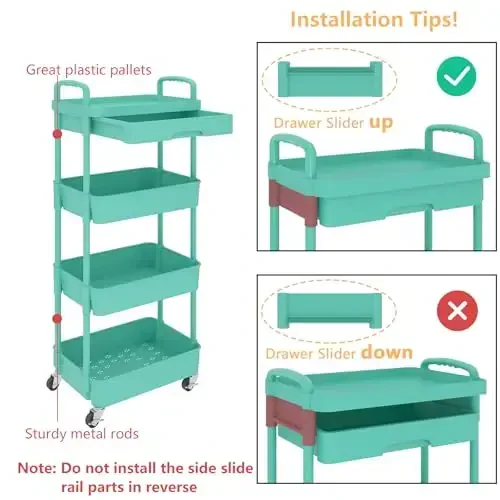 Calmootey 4-Tier Rolling Utility Cart with Drawer,Multifunctional Storage Organizer with Plastic Shelf & Metal Wheel,Storage Cart for Kitchen,Bathroom,Living Room,Office,Green - 6