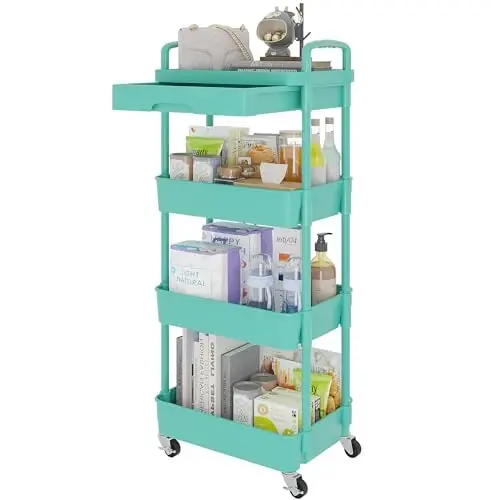 Calmootey 4-Tier Rolling Utility Cart with Drawer,Multifunctional Storage Organizer with Plastic Shelf & Metal Wheel,Storage Cart for Kitchen,Bathroom,Living Room,Office,Green - 1