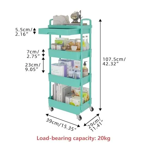 Calmootey 4-Tier Rolling Utility Cart with Drawer,Multifunctional Storage Organizer with Plastic Shelf & Metal Wheel,Storage Cart for Kitchen,Bathroom,Living Room,Office,Green - 5
