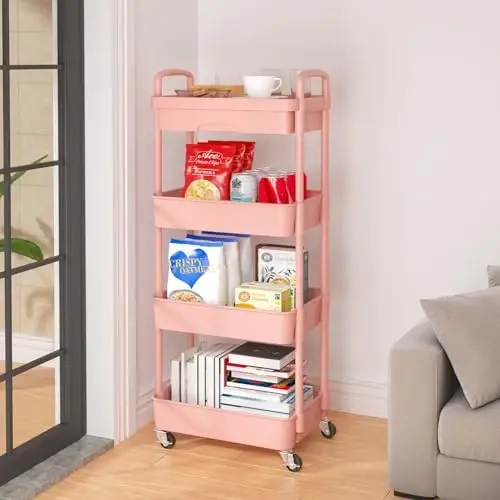 Calmootey 4-Tier Rolling Utility Cart with Drawer,Multifunctional Storage Organizer with Plastic Shelf & Metal Wheel,Storage Cart for Kitchen,Bathroom,Living Room,Office,Pink - 4