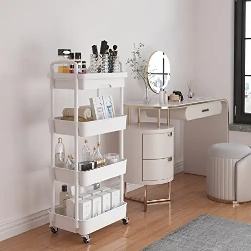 Calmootey 4-Tier Rolling Utility Cart with Drawer,Multifunctional Storage Organizer with Plastic Shelf & Metal Wheel,Storage Cart for Kitchen,Bathroom,Living Room,Office,White - CALMOOTEY (1)